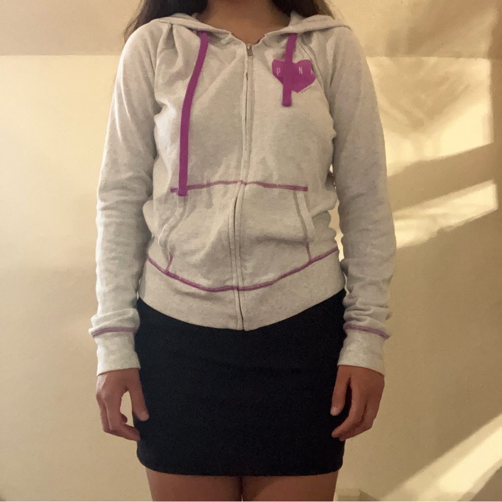 Pink Victorias Secret Light Grey Long Sleeve Zip Up Hoodie Size: S